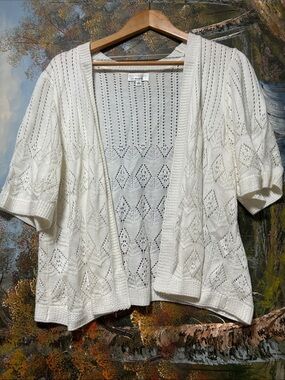 SIGNATURE White Open-Front Short-Sleeve Knit Cardigan